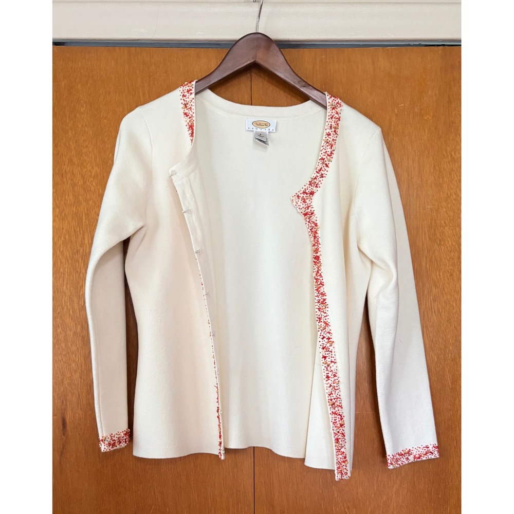 Talbots Women Cream Beaded Trim Cardigan Small Work Party Old Money Quiet Luxury